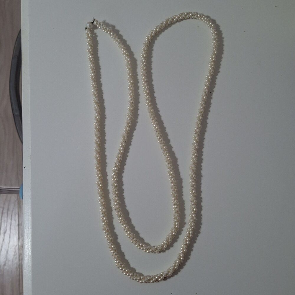 Long White Woven Twisted Mini Faux Pearl Round Beaded Necklace Single Strand